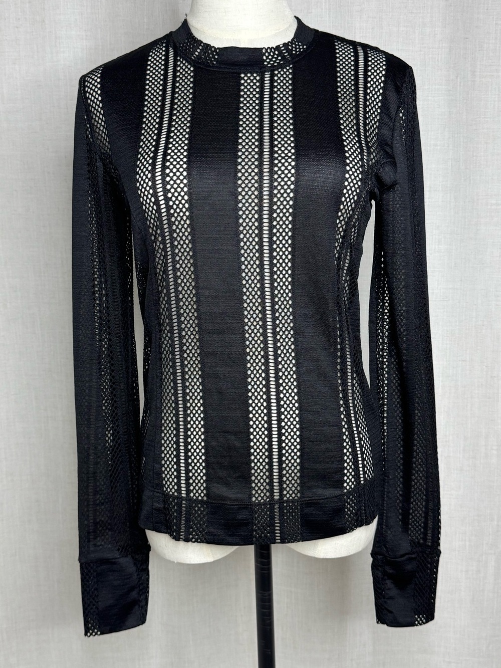 GANNI Mesh Openwork Long Sleeve Black Top Size Small